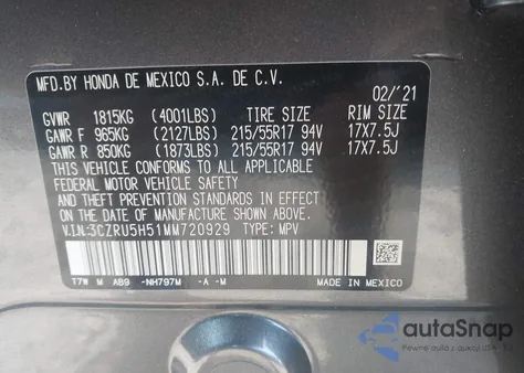 2021 Honda Hr-V 2Wd Ex из США, поврежденный, VIN 3CZRU5H51MM720929